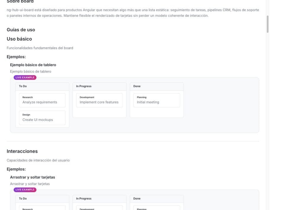 Hub-UI: componente Board (Kanban) en vivo