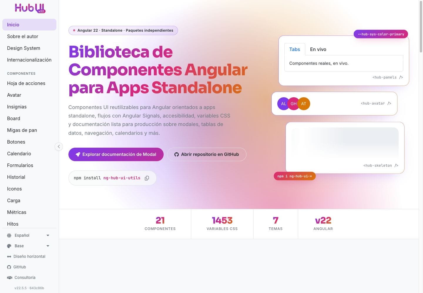 Hub-UI: portada de la documentación en hubui.dev
