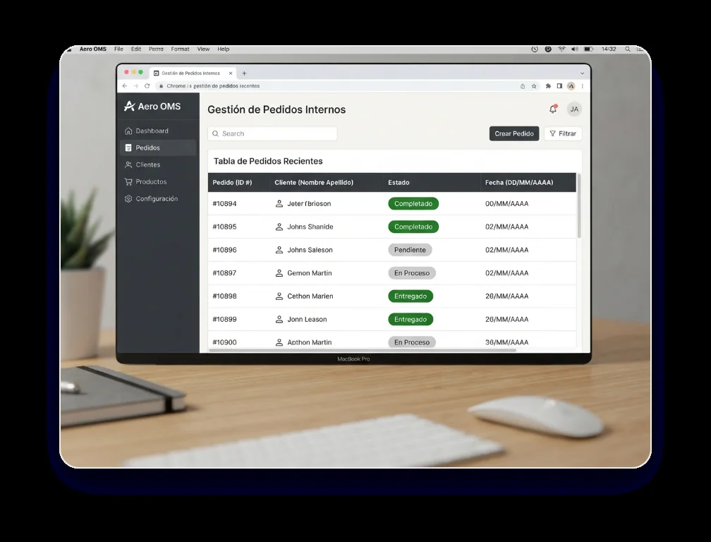 Gestor interno a medida con pedidos, clientes y partes de trabajo